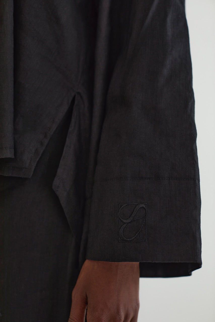 Black Linen Blend Asymmetric Top