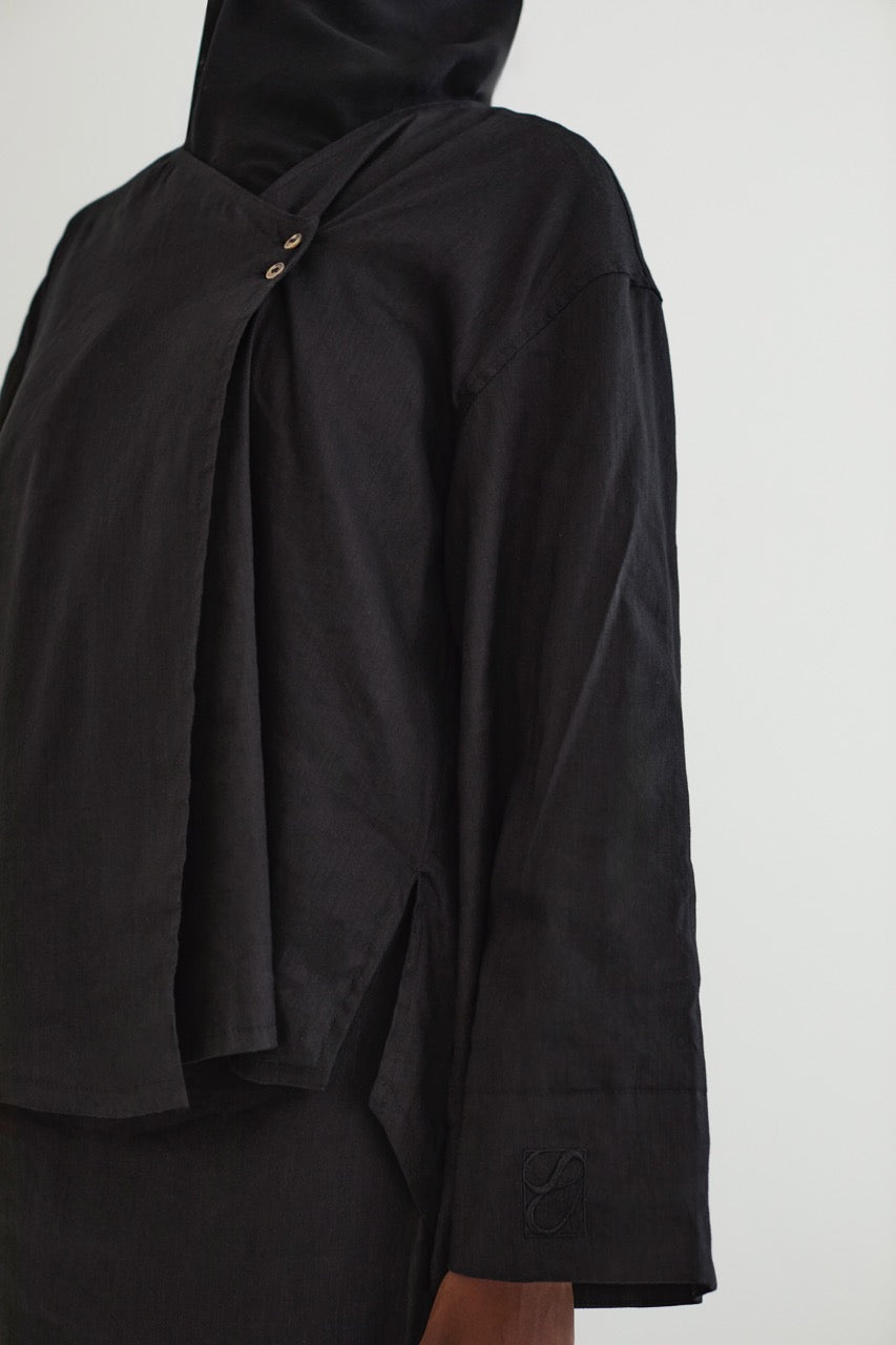 Black Linen Blend Asymmetric Top