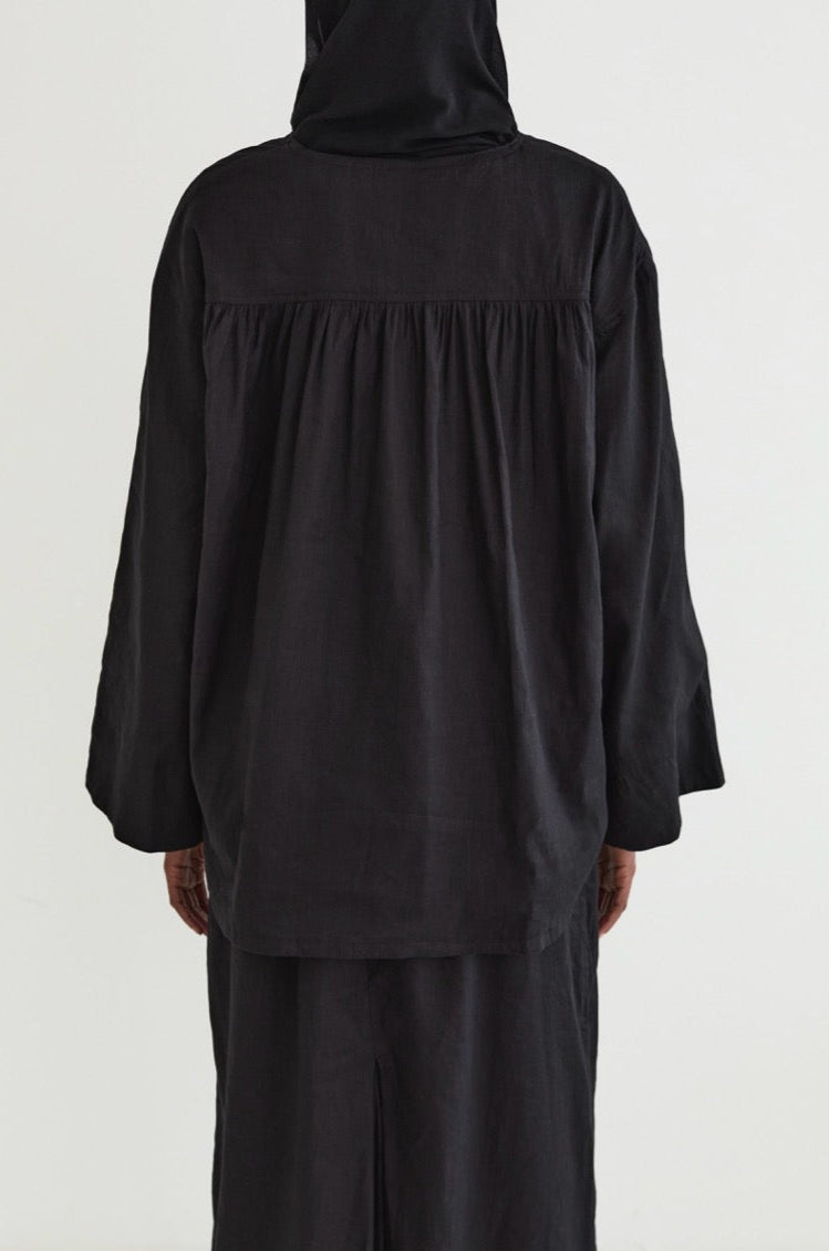 Black Linen Blend Asymmetric Top