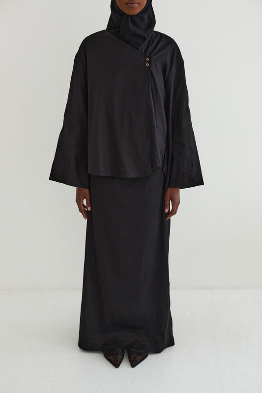 Black Linen Blend Asymmetric Top